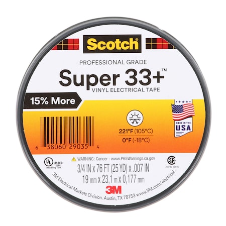 3M Super 33+ Vinyl Electrical Tape, 3/4" x 76 ft, 1" Core, Black, 10PK 7100201470